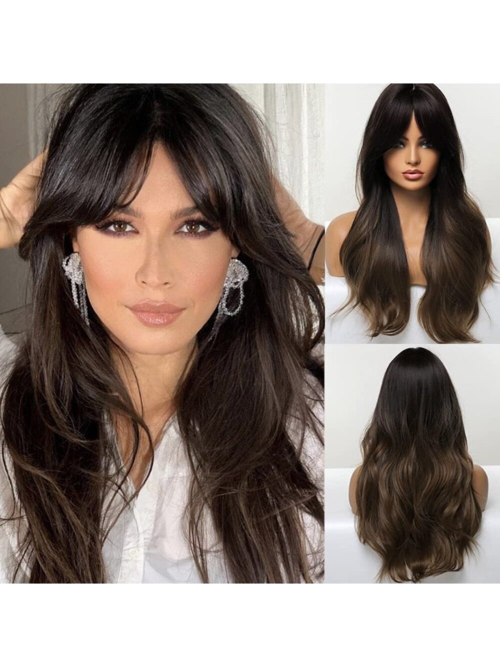 Women Ombre Dark Brown Heat Resistant Long Curly Shoulder Length Synthetic Wigs